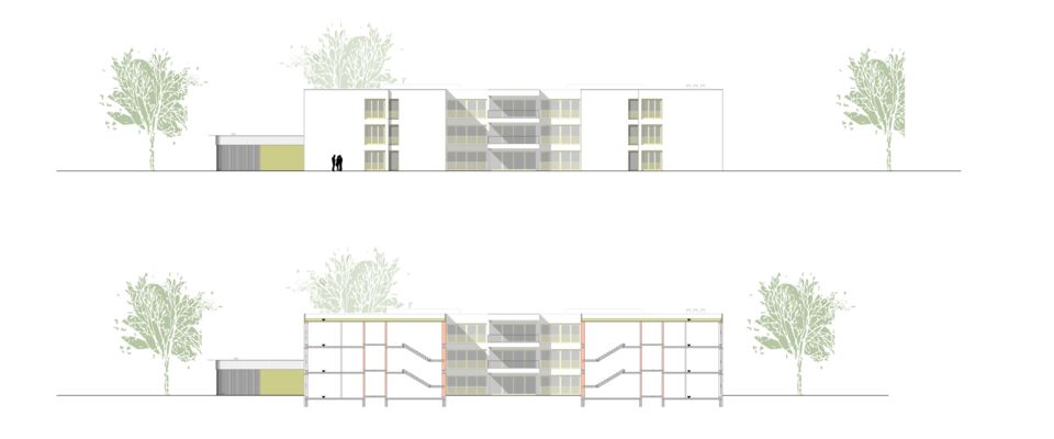 Architektonische Zeichnung eines modernen Mehrfamilienhauses mit Vorder- und Seitenansicht. Das Design zeigt klare Linien, große Fenster und mehrere Stockwerke, umgeben von Bäumen