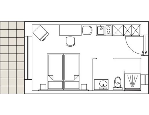 Grundriss eines modularen Wohnraums mit Küche, Badezimmer und zwei Betten